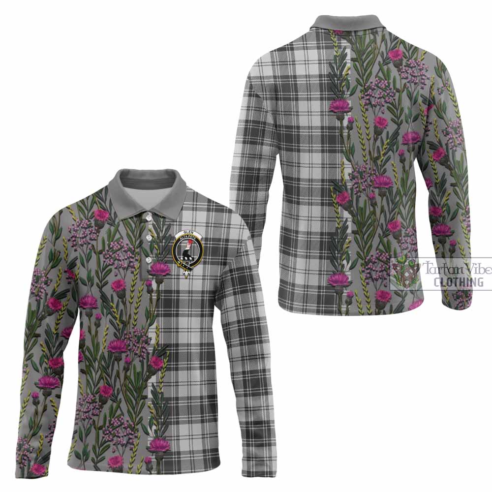Glen Family Crest Tartan Long Sleeve Polo Shirt Scottish Thistle Flower Pattern Half Style - Tartan Vibes Clothing