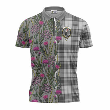 Glen Family Crest Tartan Zipper Polo Shirt Scottish Thistle Flower Pattern Half Style