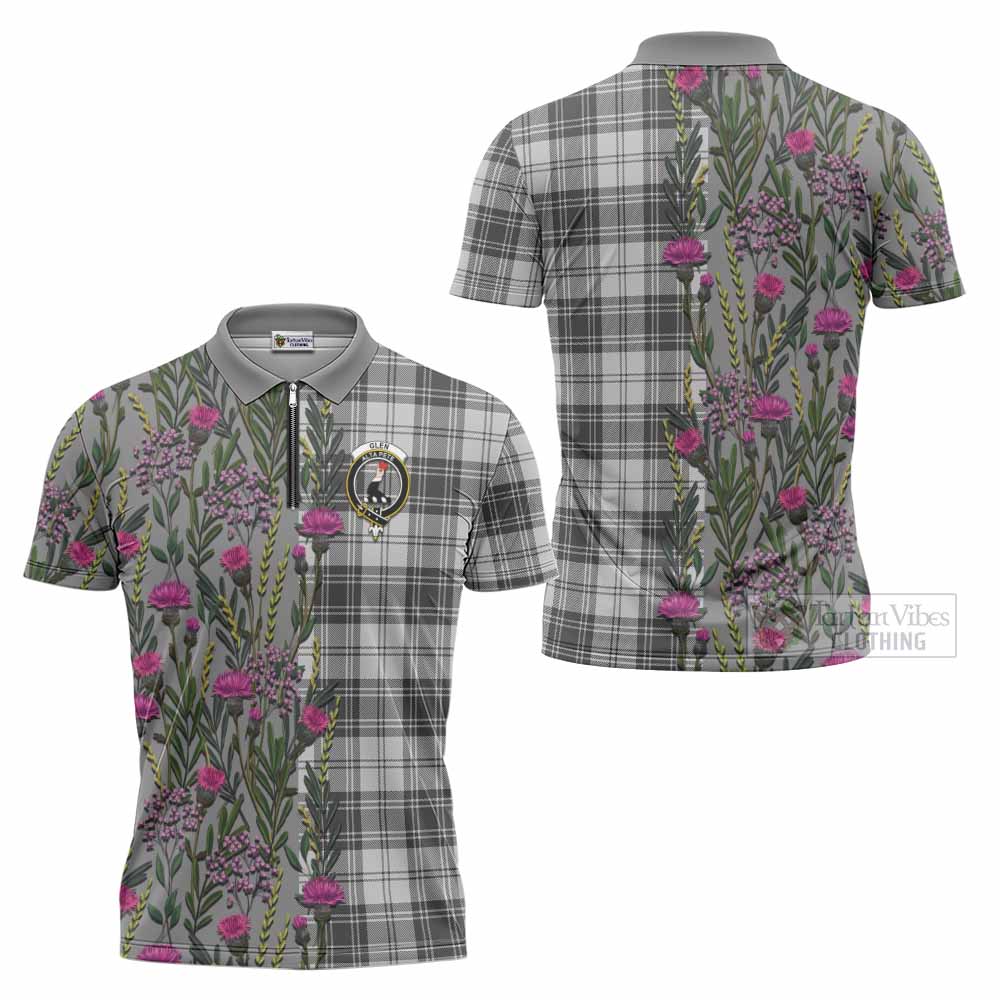 Glen Family Crest Tartan Zipper Polo Shirt Scottish Thistle Flower Pattern Half Style - Tartan Vibes Clothing