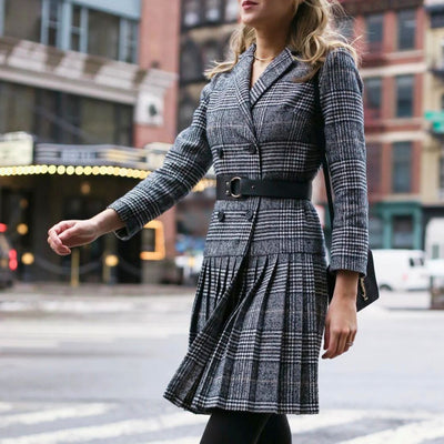 Woman wearing a Glen Plaid coat dress styled for a classic tailored look