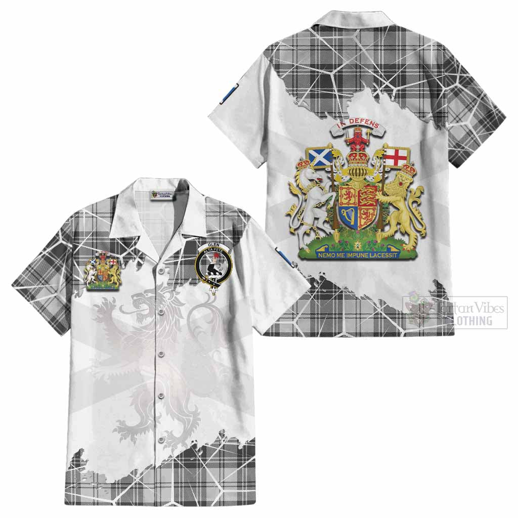 Glen Tartan Cotton Hawaiian Shirt with Family Crest and Lion Rampant Grunge Style