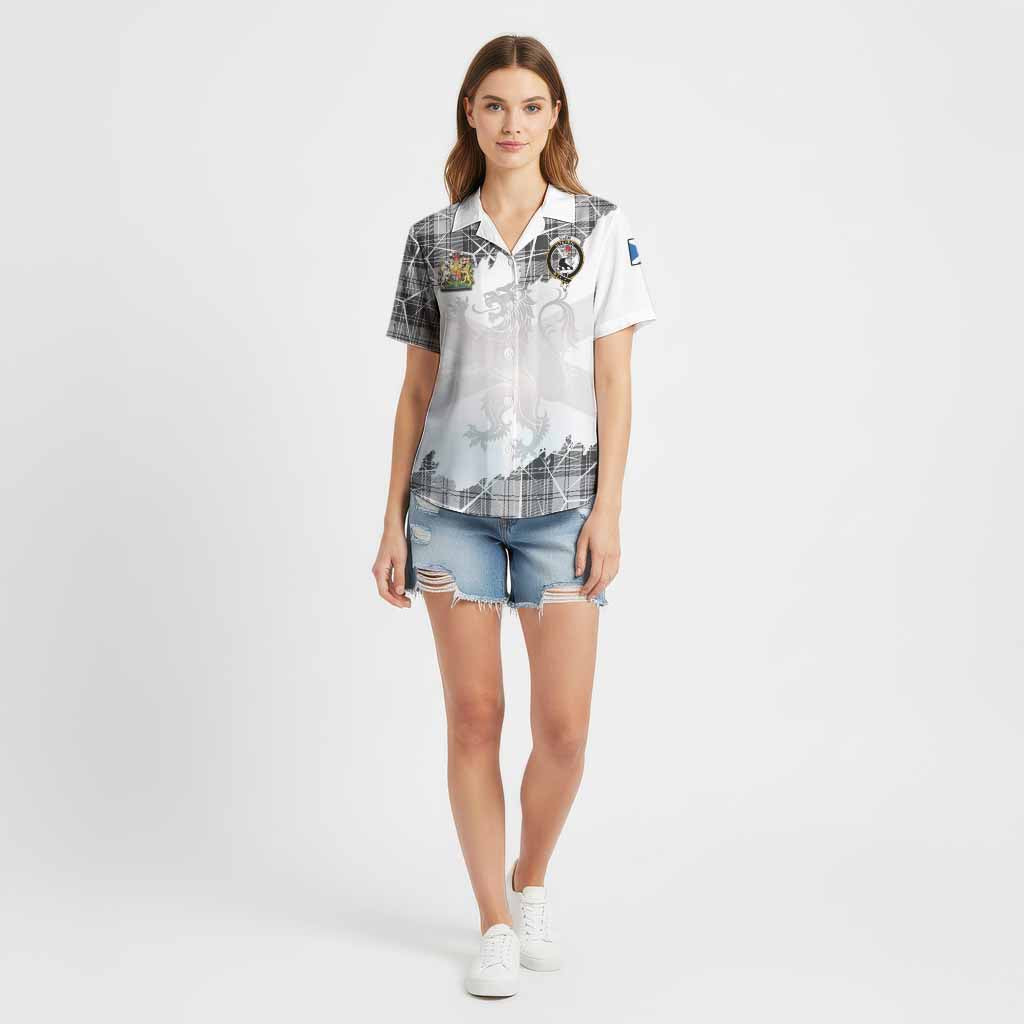 Glen Tartan Cotton Hawaiian Shirt with Family Crest and Lion Rampant Grunge Style
