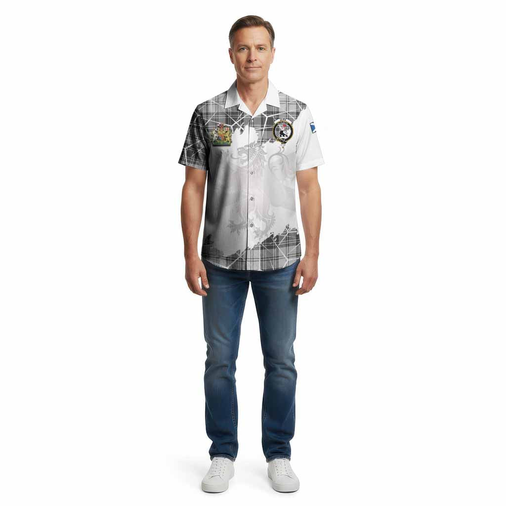 Glen Tartan Cotton Hawaiian Shirt with Family Crest and Lion Rampant Grunge Style