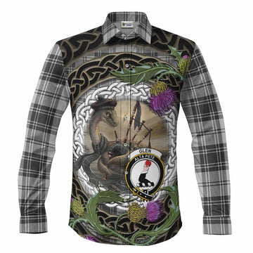 Glen Tartan Crest Bagpipe Nessie Long Sleeve Button Shirts Scottish Loch Ness Monster Celtic Thistle