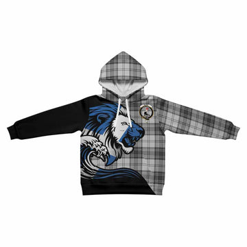 Glen Tartan Crest Kid Hoodie Scottish Golden Lions Wave Flow