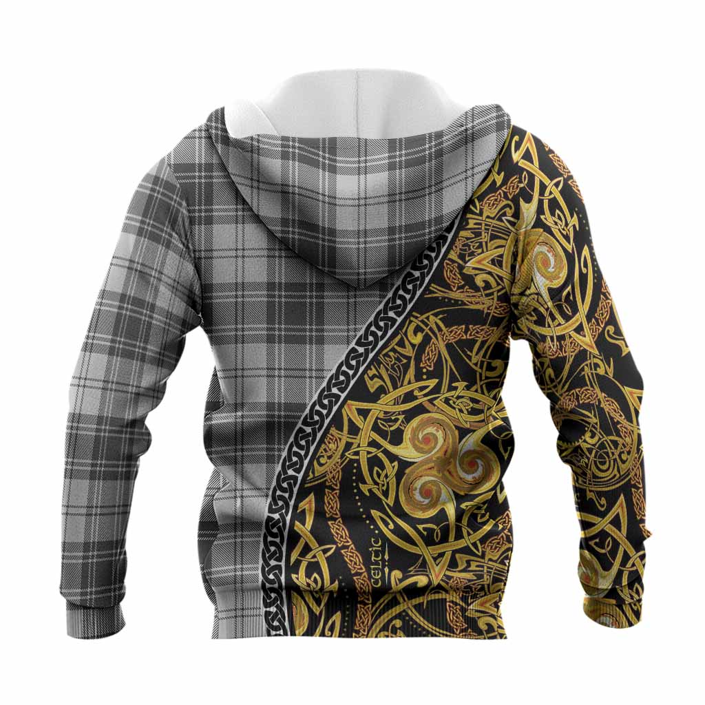 Glen Tartan Crest Knitted Hoodie Celtic Knot and Triple Trickle Spiral Symbols