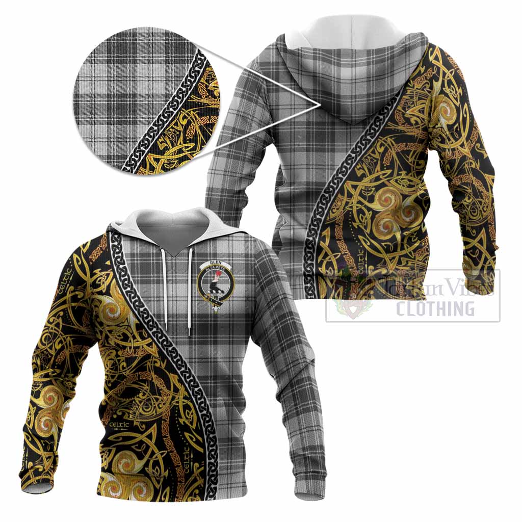 Glen Tartan Crest Knitted Hoodie Celtic Knot and Triple Trickle Spiral Symbols