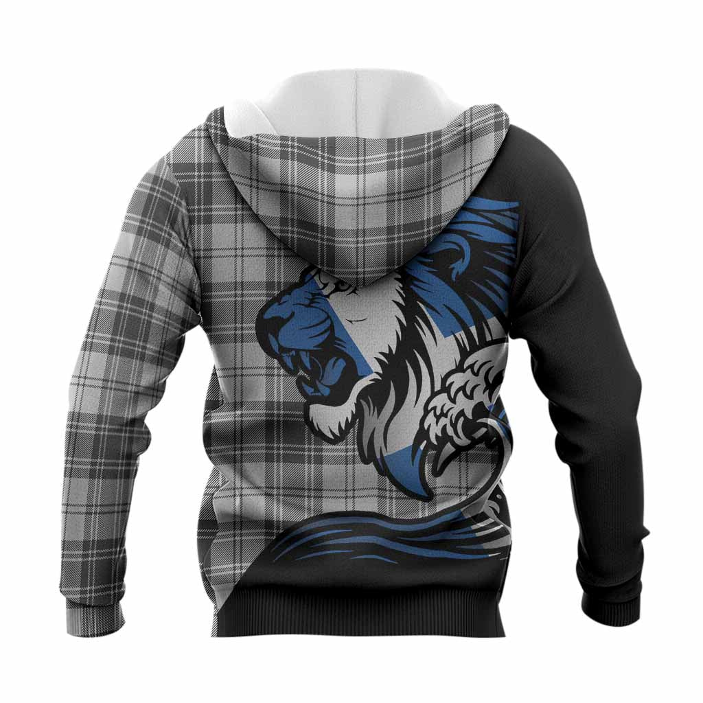 Glen Tartan Crest Knitted Hoodie Scottish Golden Lions Wave Flow