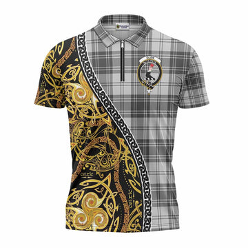 Glen Tartan Crest Zipper Polo Shirt Celtic Knot and Triple Trickle Spiral Symbols