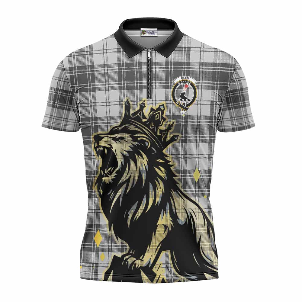 Glen Tartan Family Crest Zipper Polo Shirt Crowned Lion Roaring