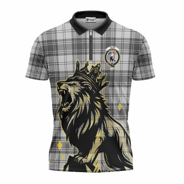 Glen Tartan Family Crest Zipper Polo Shirt Crowned Lion Roaring