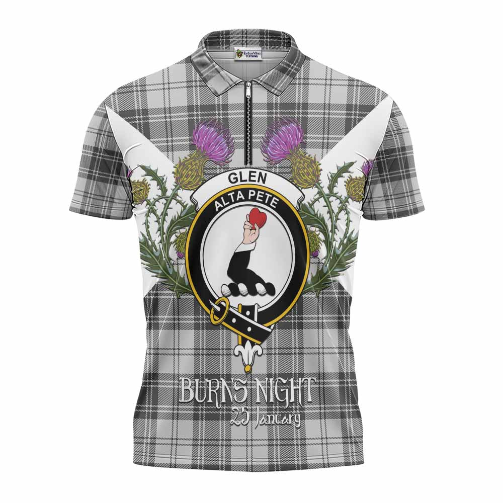 Glen Tartan Family Crest Zipper Polo Shirt Scottish Burns Night Thistle Floral