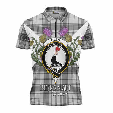 Glen Tartan Family Crest Zipper Polo Shirt Scottish Burns Night Thistle Floral