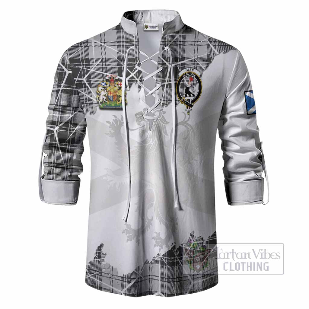 Glen Tartan Ghillie Shirt with Family Crest and Lion Rampant Grunge Style