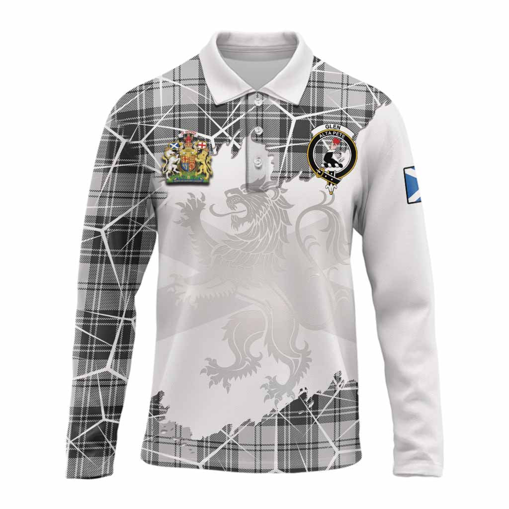 Glen Tartan Long Sleeve Polo Shirt with Family Crest and Lion Rampant Grunge Style