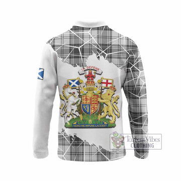 Glen Tartan Long Sleeve Polo Shirt with Family Crest and Lion Rampant Grunge Style