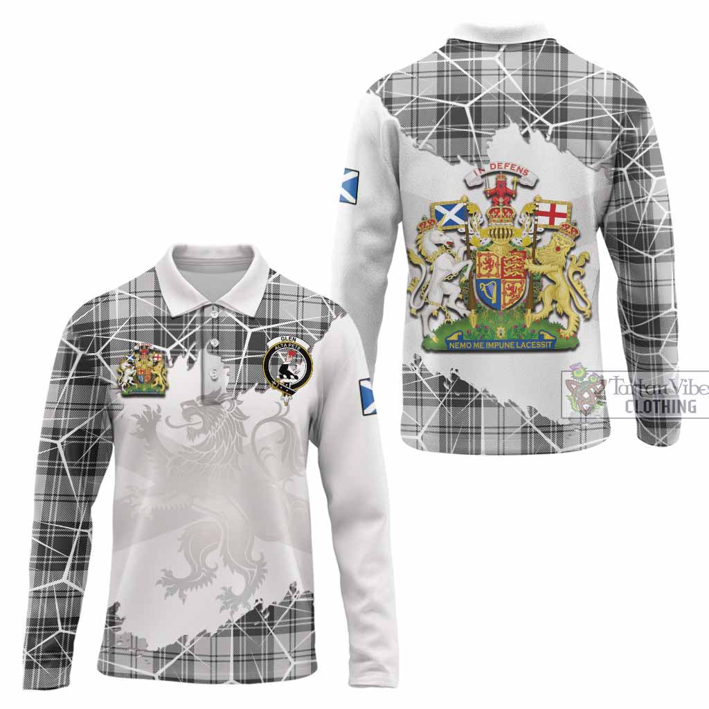 Glen Tartan Long Sleeve Polo Shirt with Family Crest and Lion Rampant Grunge Style
