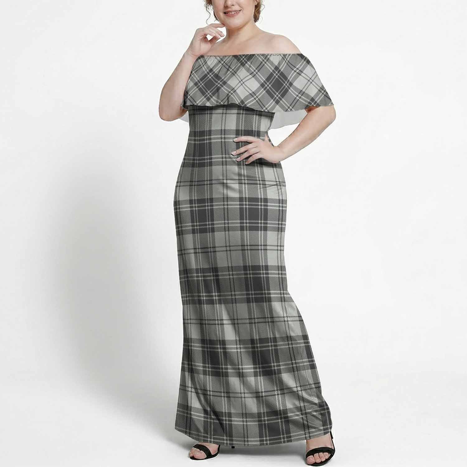 Glen Tartan Off Shoulder Ruffle Maxi Dress