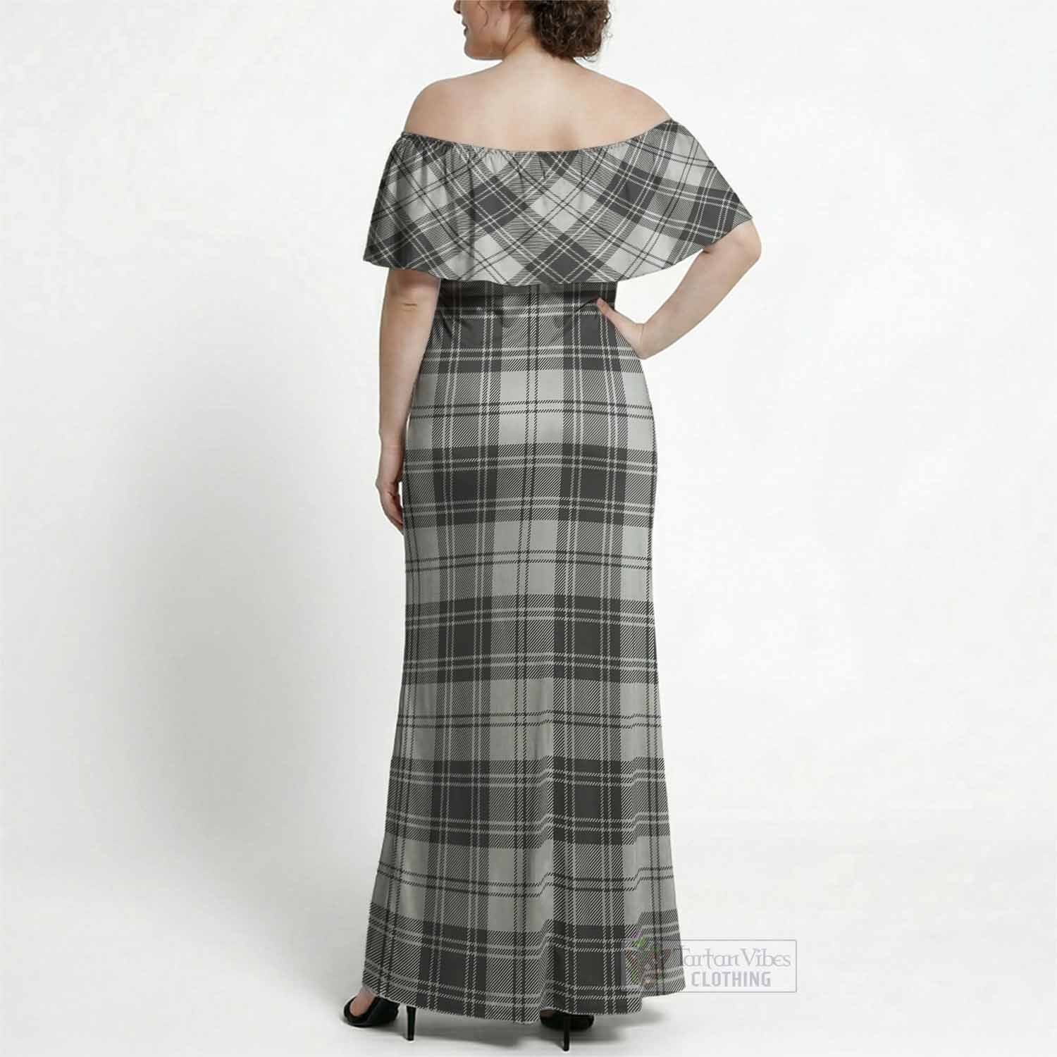 Glen Tartan Off Shoulder Ruffle Maxi Dress