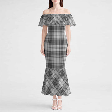 Glen Tartan Off Shoulder Ruffle Mermaid Maxi Dress