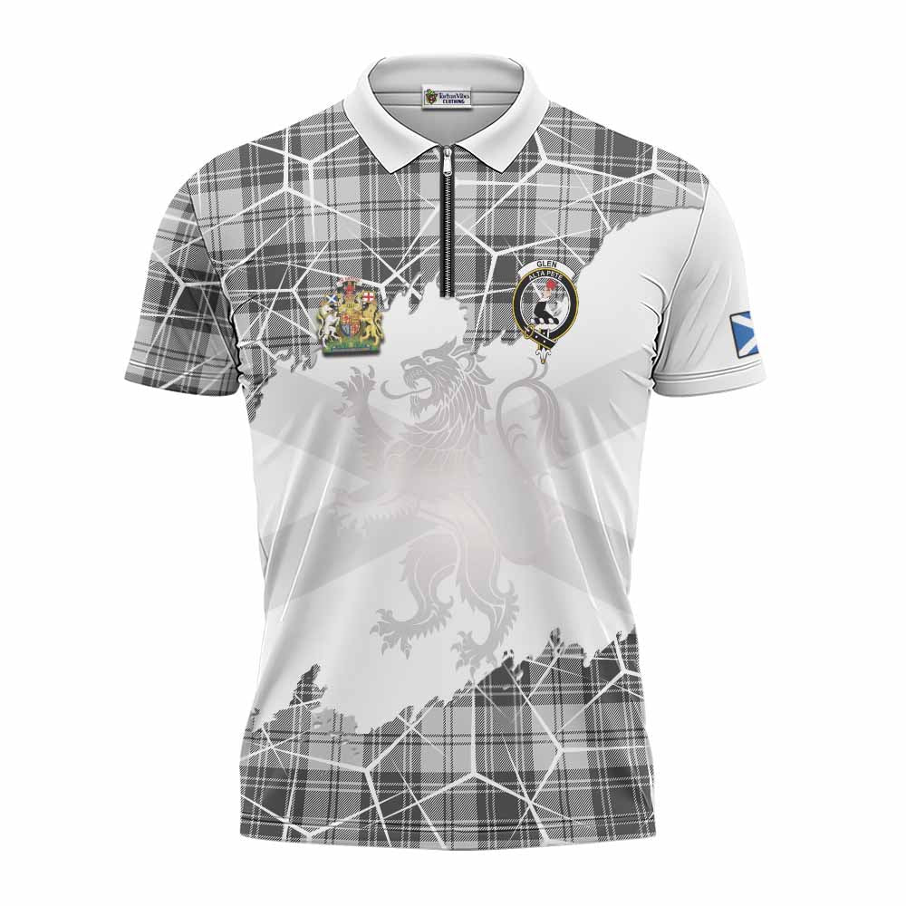 Glen Tartan Zipper Polo Shirt with Family Crest and Lion Rampant Grunge Style