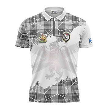Glen Tartan Zipper Polo Shirt with Family Crest and Lion Rampant Grunge Style