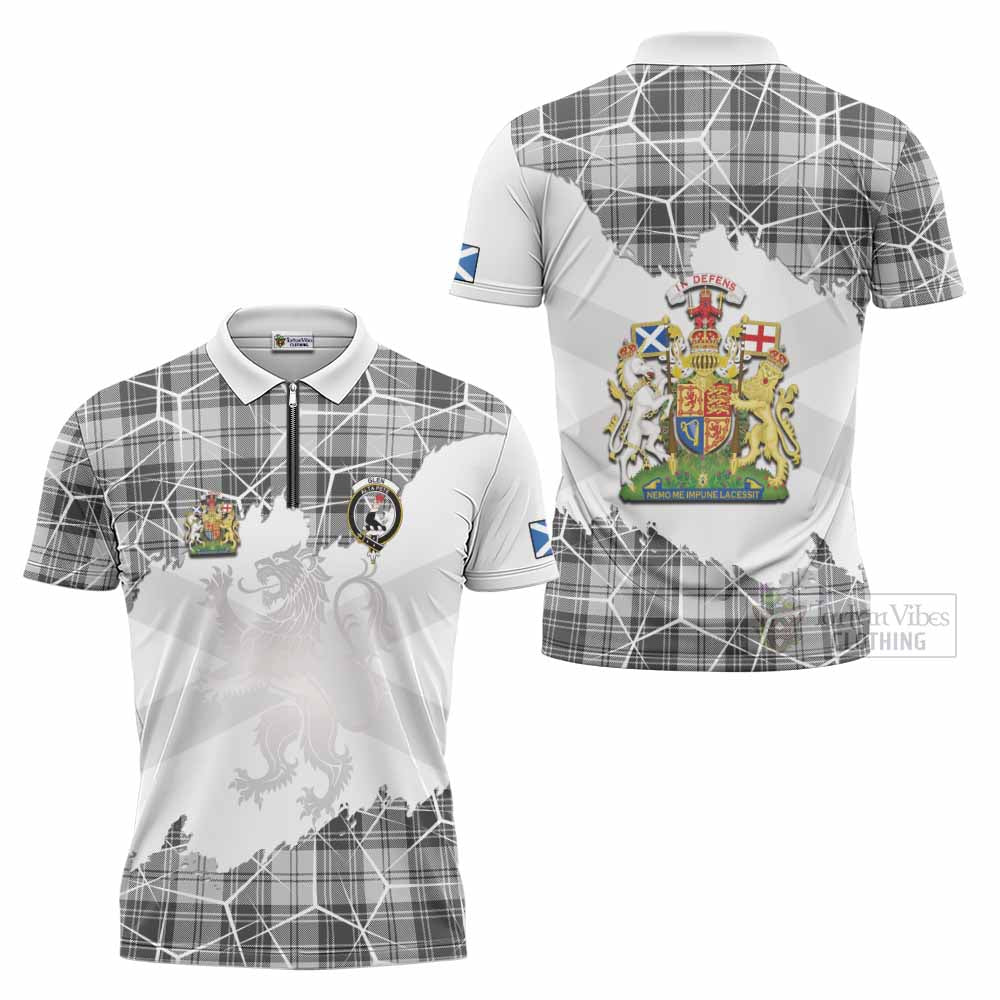 Glen Tartan Zipper Polo Shirt with Family Crest and Lion Rampant Grunge Style
