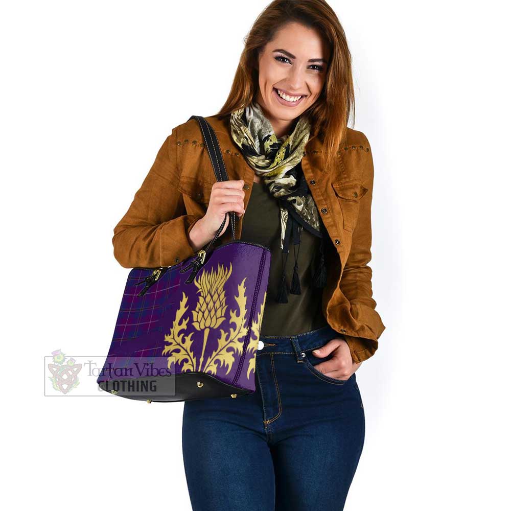 Tartan Vibes Clothing Glencoe Tartan Leather Tote Bag Gold Thistle Style