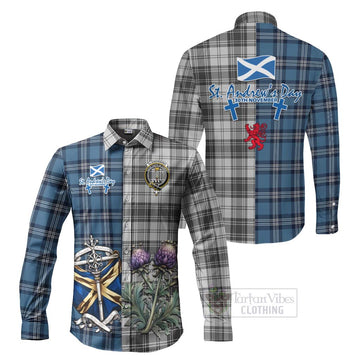 Glendinning Tartan Long Sleeve Button Shirt Happy St. Andrew's Day Half Tartan Style Men's Shirt S - Tartan Vibes Clothing