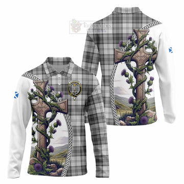 Glendinning Tartan Long Sleeve Polo Shirt with Family Crest and St. Andrew's Cross Accented by Thistle Vines Unisex - Tartan Vibes Clothing