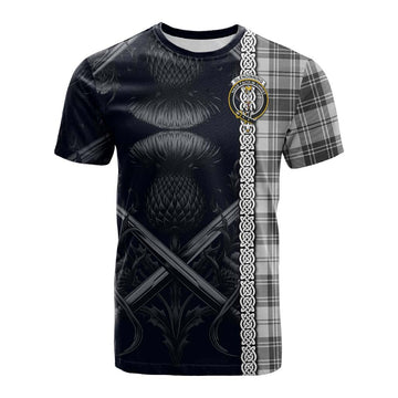 Glendinning Tartan Cotton T-shirt with Family Crest Cross Sword Thistle Celtic Vibes