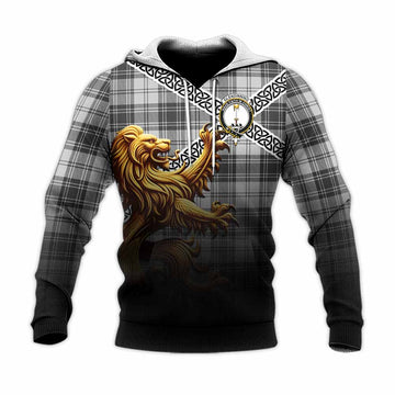 Glendinning Crest Tartan Knitted Hoodie with Golden Lion Emblem Celtic Style Unisex Knitted Pullover Hoodie - Tartan Vibes Clothing