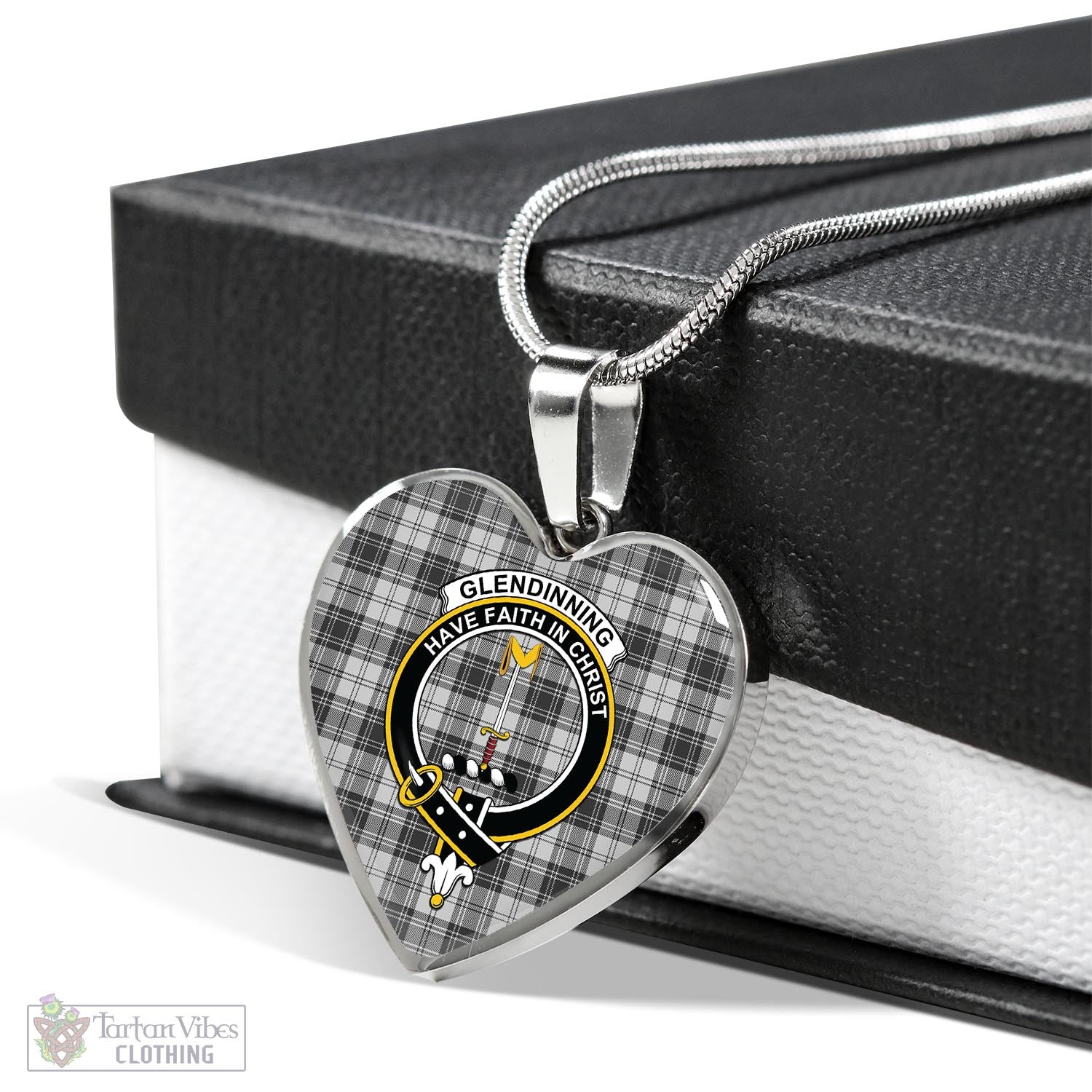 Glendinning Tartan Heart Necklace with Family Crest Luxury Necklace (Silver) No - Tartan Vibes Clothing