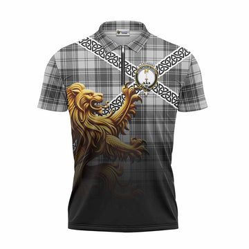 Glendinning Crest Tartan Zipper Polo Shirt with Golden Lion Emblem Celtic Style Unisex - Tartan Vibes Clothing