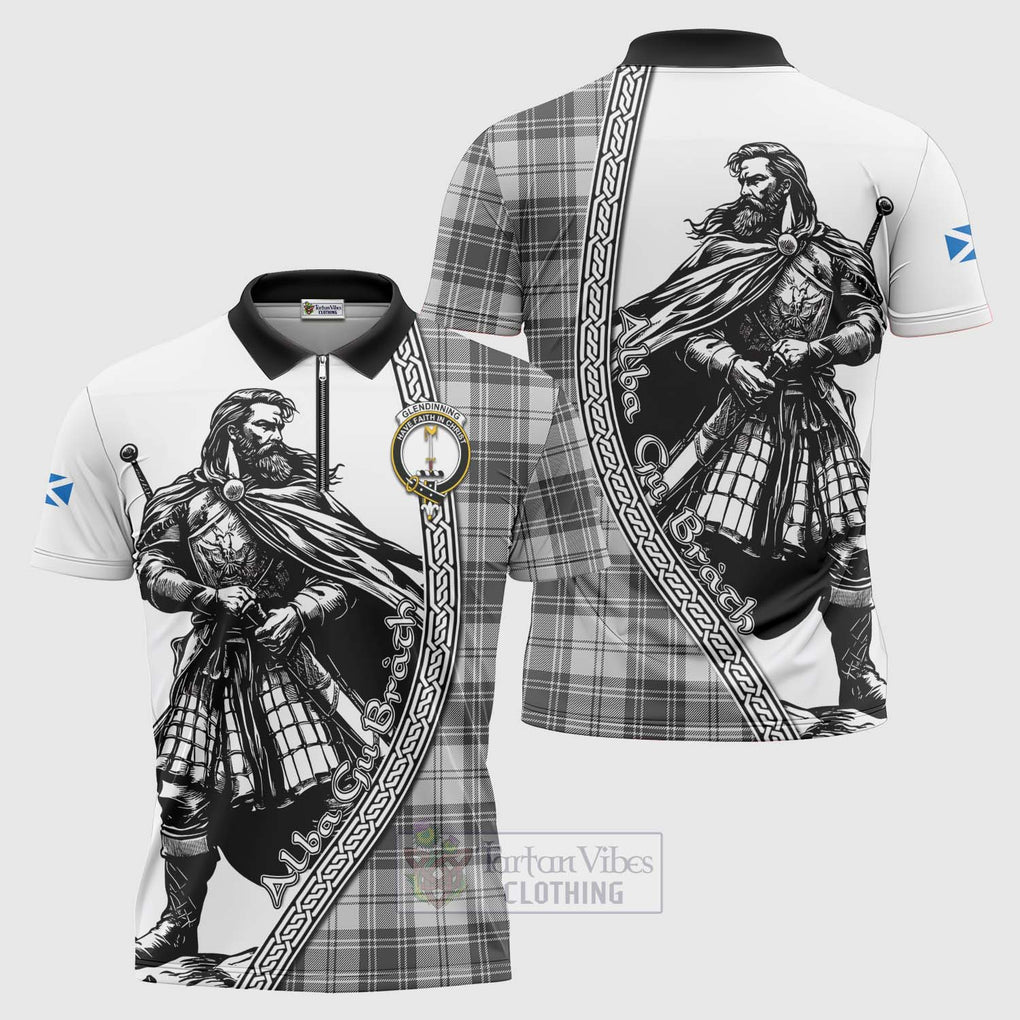 Glendinning Tartan Clan Crest Zipper Polo Shirt with Highlander Warrior Celtic Style Unisex - Tartan Vibes Clothing