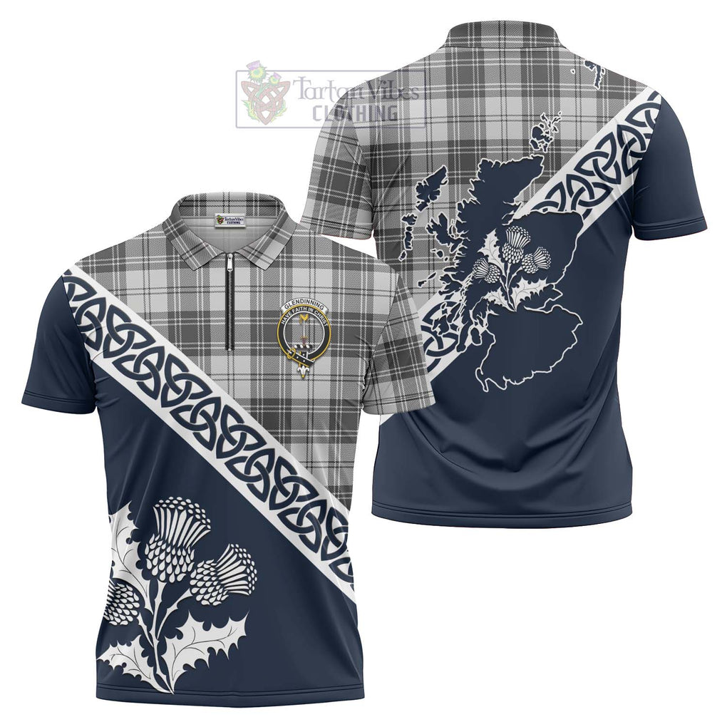 Glendinning Tartan Zipper Polo Shirt Featuring Thistle and Scotland Map Unisex - Tartanvibesclothing Store