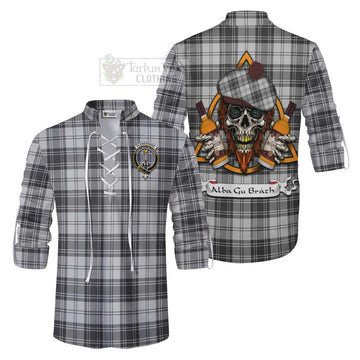 Glendinning Tartan Ghillie Kilt Shirt with Family Crest and Bearded Skull Holding Bottles of Whiskey Men - Tartan Vibes Clothing