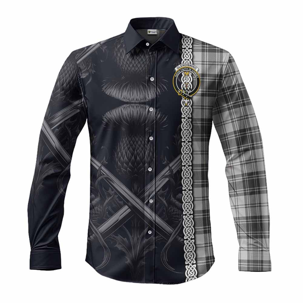 Tartan Vibes Clothing Glendinning Tartan Long Sleeve Button Shirt with Family Crest Cross Sword Thistle Celtic Vibes