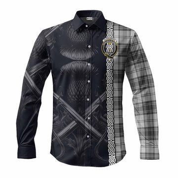 Tartan Vibes Clothing Glendinning Tartan Long Sleeve Button Shirt with Family Crest Cross Sword Thistle Celtic Vibes