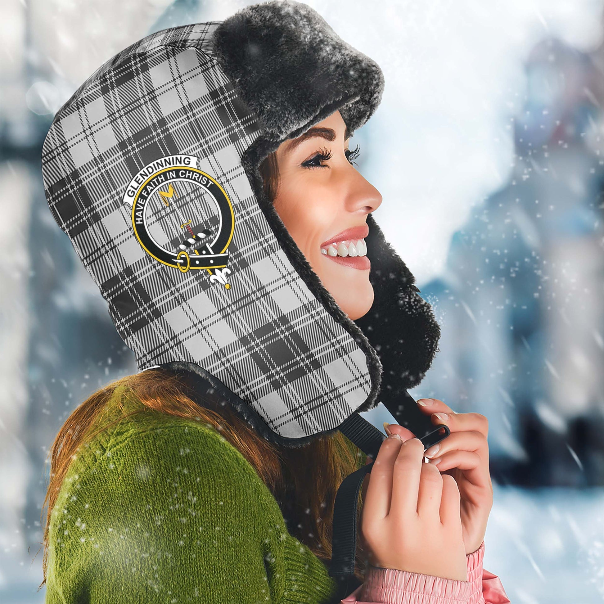 Glendinning Tartan Winter Trapper Hat with Family Crest Winter Trapper Hat Universal Fit Circumference 22.8in (58cm) - Tartan Vibes Clothing