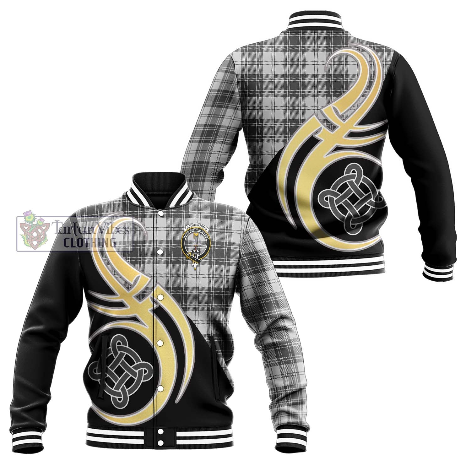 Glendinning Tartan Baseball Jacket with Family Crest and Celtic Symbol Style Unisex - Tartan Vibes Clothing