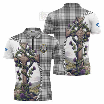 Glendinning Tartan Zipper Polo Shirt with Family Crest and St. Andrew's Cross Accented by Thistle Vines