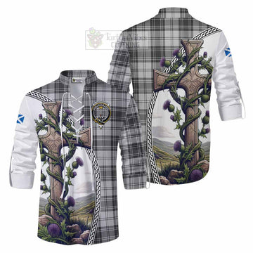 Glendinning Tartan Ghillie Kilt Shirt with Family Crest and St. Andrew's Cross Accented by Thistle Vines Men - Tartan Vibes Clothing