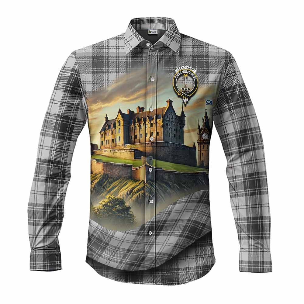 Tartan Vibes Clothing Glendinning Tartan Family Crest Long Sleeve Button Shirt with Scottish Ancient Castle Style