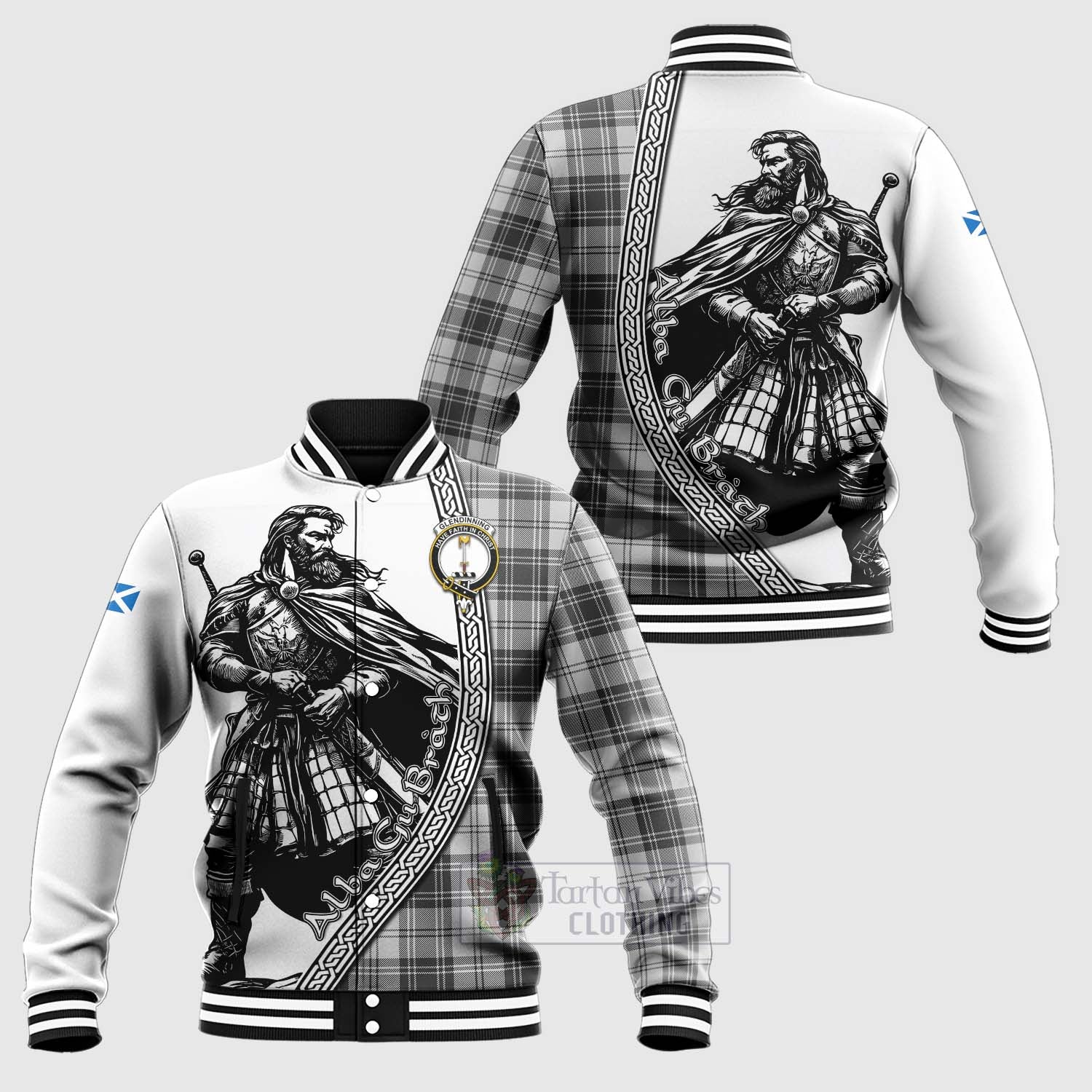 Glendinning Tartan Clan Crest Baseball Jacket with Highlander Warrior Celtic Style Unisex - Tartan Vibes Clothing