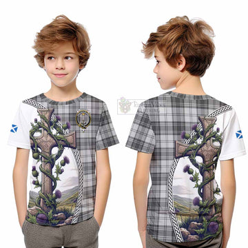 Glendinning Tartan Kid T-Shirt with Family Crest and St. Andrew's Cross Accented by Thistle Vines Youth XL Size14 - Tartan Vibes Clothing