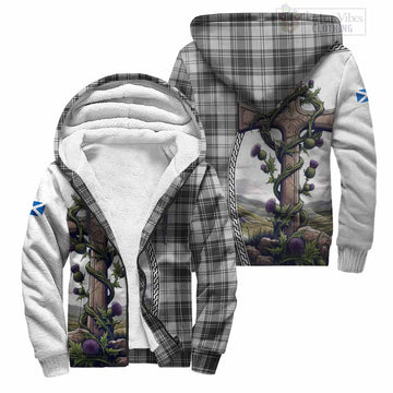 Glendinning Tartan Sherpa Hoodie with Family Crest and St. Andrew's Cross Accented by Thistle Vines Unisex S - Tartan Vibes Clothing