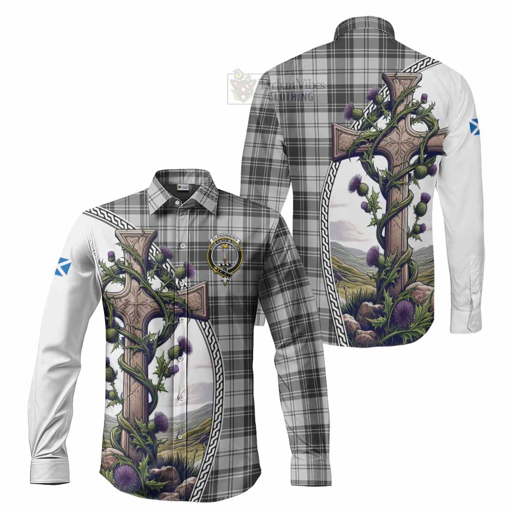 Glendinning Tartan Long Sleeve Button Shirt with Family Crest and St. Andrew's Cross Accented by Thistle Vines Men's Shirt S - Tartan Vibes Clothing