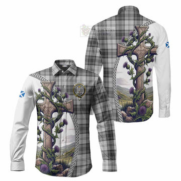 Glendinning Tartan Long Sleeve Button Shirt with Family Crest and St. Andrew's Cross Accented by Thistle Vines Men's Shirt S - Tartan Vibes Clothing
