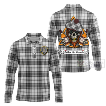 Glendinning Tartan Long Sleeve Polo Shirt with Family Crest and Bearded Skull Holding Bottles of Whiskey Unisex - Tartan Vibes Clothing